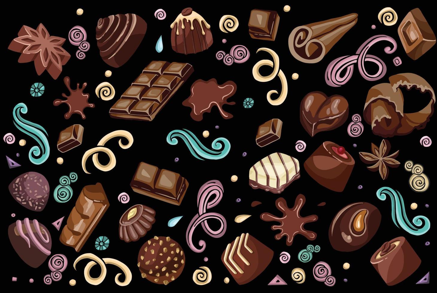 dessert al cioccolato ad acquerello. modello senza cuciture con caramelle di cioccolato ad acquerello e un pezzo di cioccolatini su sfondo grigio, ornamento dolce, illustrazione disegnata a mano. vettore