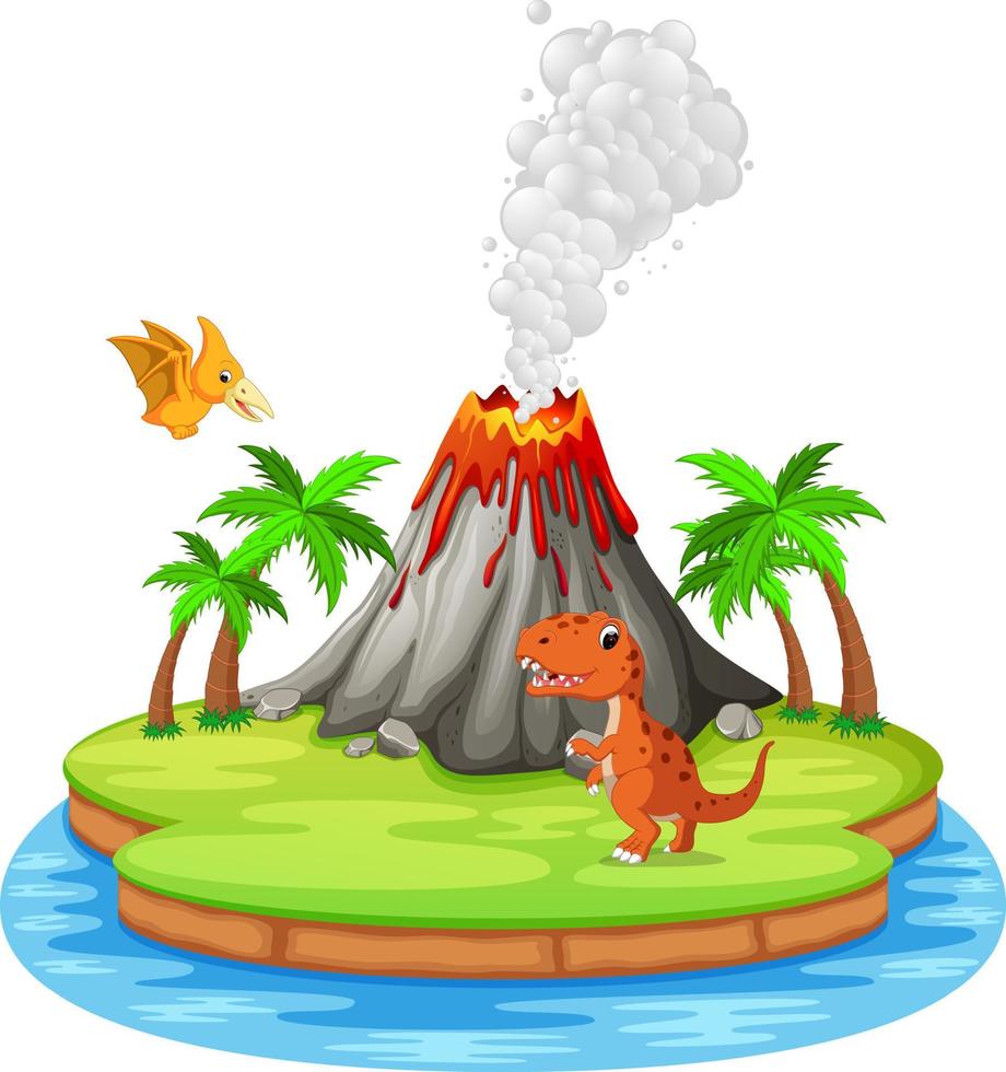 illustrazione dell'eruzione del vulcano e del dinosauro vettore