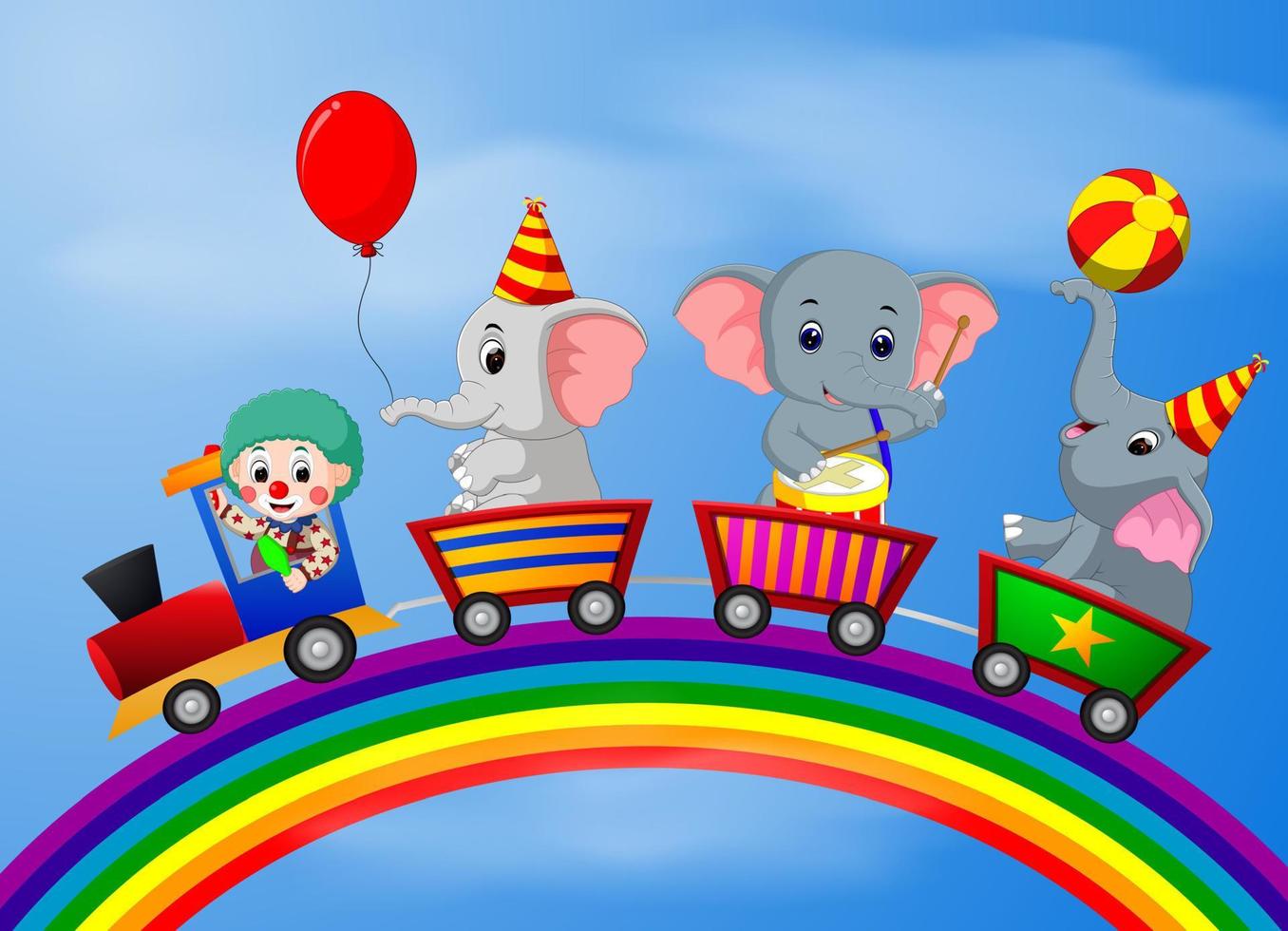 pagliaccio ed elefante sul treno con illustrazione arcobaleno vettore