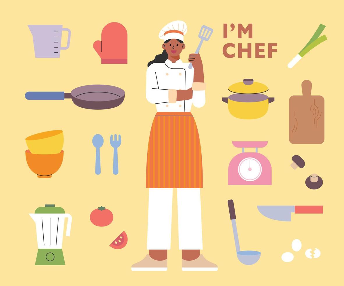 personaggio femminile dello chef. gli utensili da cucina sono organizzati intorno a lei. vettore