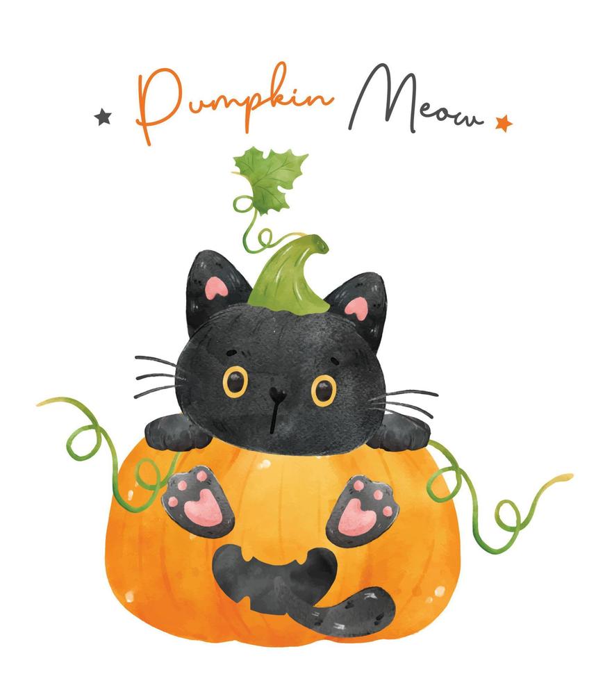 carino acquerello divertente gattino nero gatto in zucca arancione, zucca miagolio, vettore dell'acquerello isolato su priorità bassa bianca