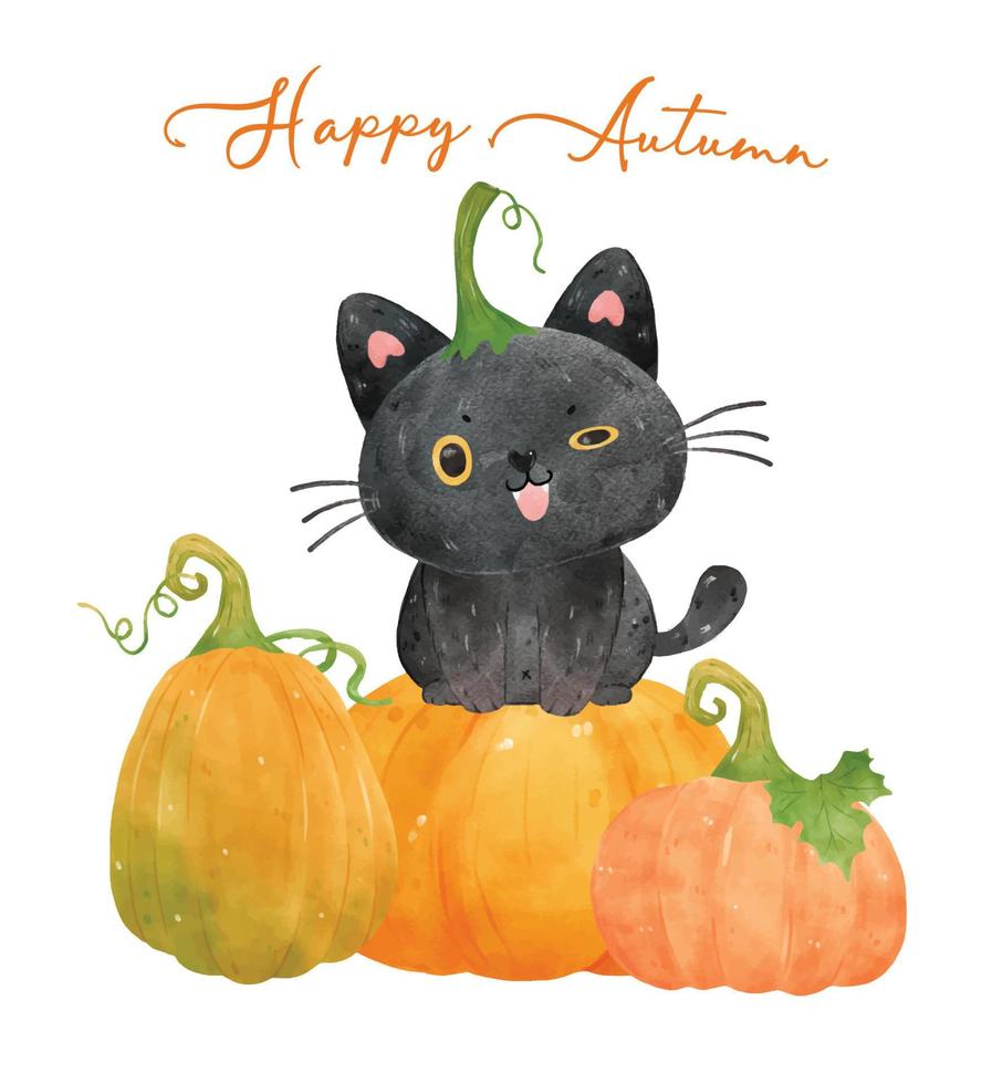 carino acquerello divertente gattino nero gatto si siede su zucca arancione, felice autunno, vettore acquerello isolato su sfondo bianco