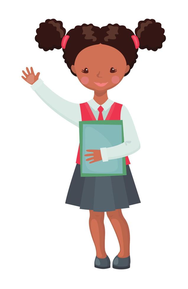 simpatico personaggio della ragazza della scuola afroamericana con libri isolati su sfondo bianco. allievo felice in uniforme scolastica. concetto di educazione. illustrazione vettoriale. vettore