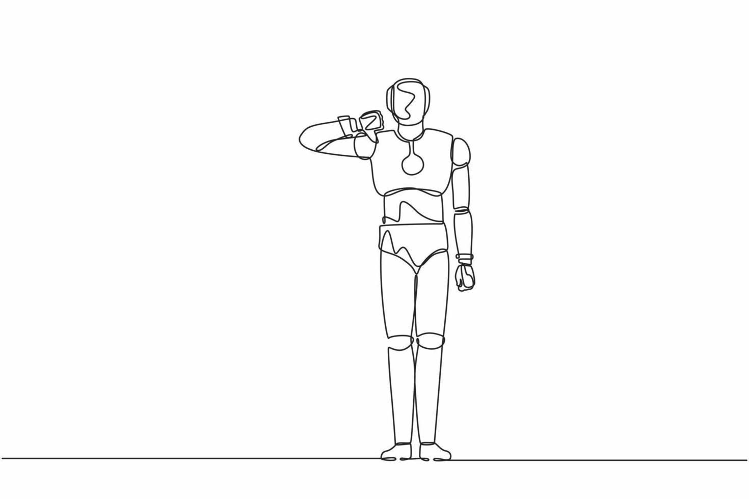 robot di disegno a linea continua singola che mostra il gesto del segno del pollice in giù. antipatia, disaccordo, delusione, disapprovazione, nessun accordo. intelligenza artificiale robotica. illustrazione vettoriale di un disegno di linea