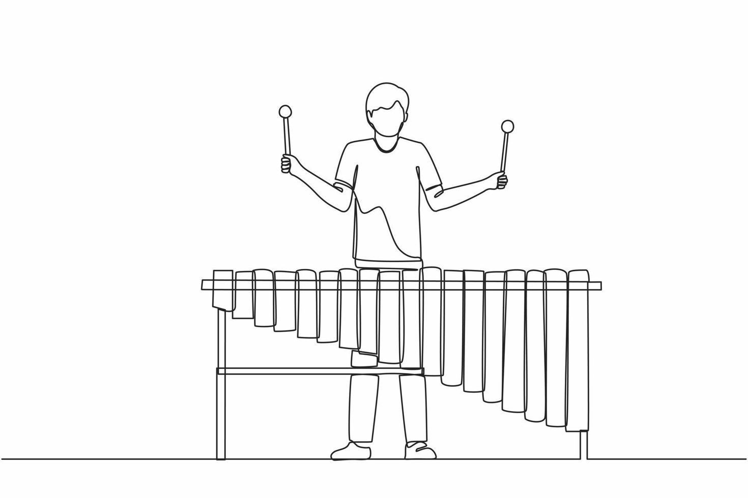 il giocatore di percussioni dell'uomo di disegno continuo di una linea suona la marimba. giovane musicista maschio che suona lo strumento marimba messicano tradizionale al festival musicale. illustrazione grafica vettoriale di progettazione a linea singola