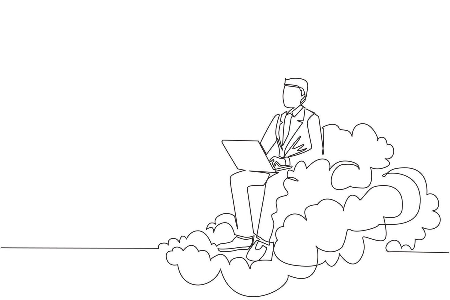 singolo uomo d'affari di disegno a tratteggio seduto su una nuvola in cielo e lavorando con il laptop. connessione senza fili. social networking e chat utilizzando il cloud storage. vettore grafico di disegno di linea continua