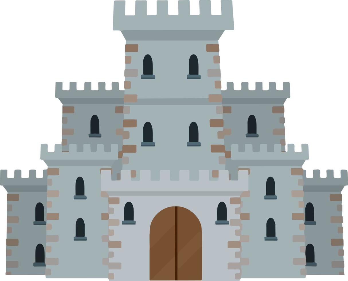 castello di pietra europeo medievale. fortezza dei cavalieri. concetto di sicurezza, protezione e difesa. illustrazione piatta del fumetto. edificio militare con mura, portoni e grande torre. vettore