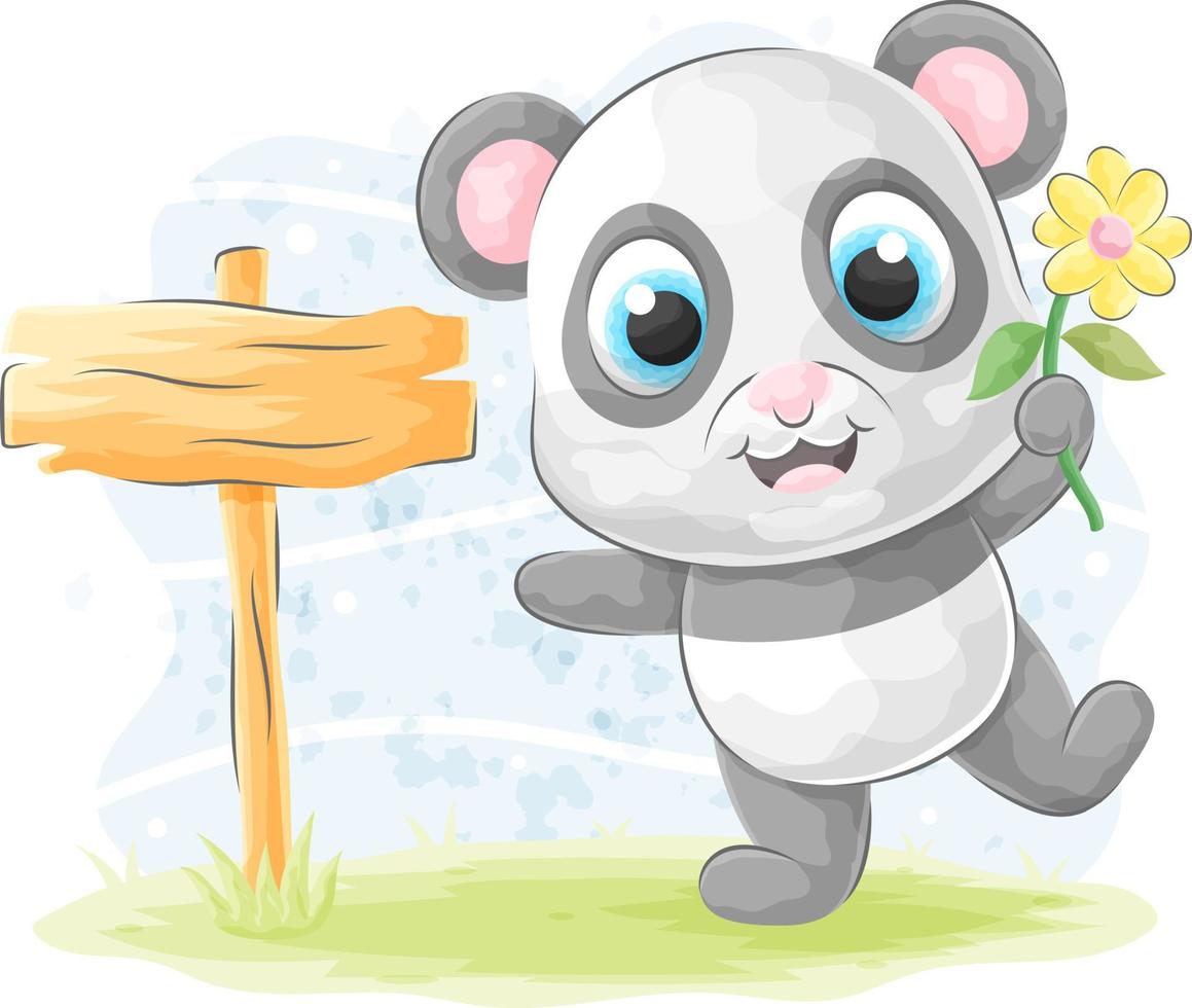 panda carino con cartello in legno, illustrazione ad acquerello vettore
