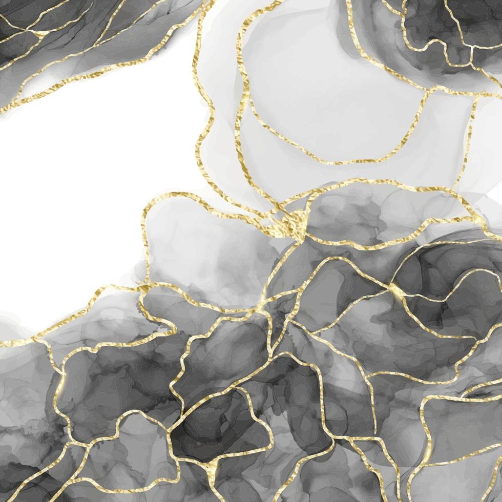 sfondo acquerello liquido nero astratto con cracker dorati. effetto disegno con inchiostro ad alcool in marmo scuro. modello di progettazione illustrazione vettoriale per invito a nozze.