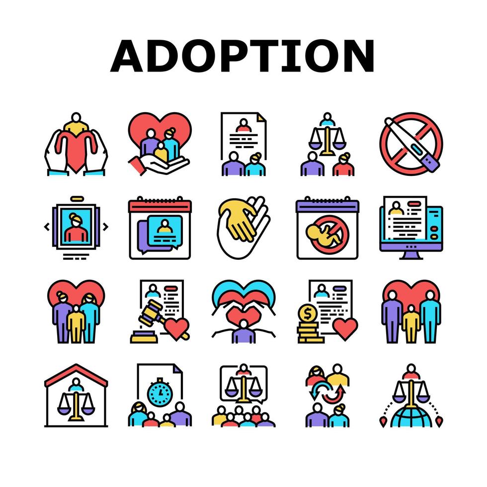 set di icone per la raccolta di cure per l'adozione di bambini vettore