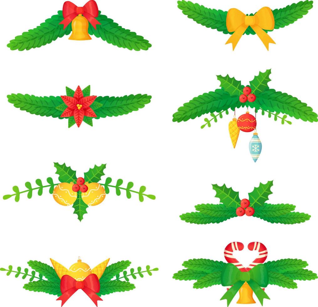 set di intestazioni o divisori di natale ramo di pino agrifoglio abete campana palle di fiori in stile cartone animato. vettore