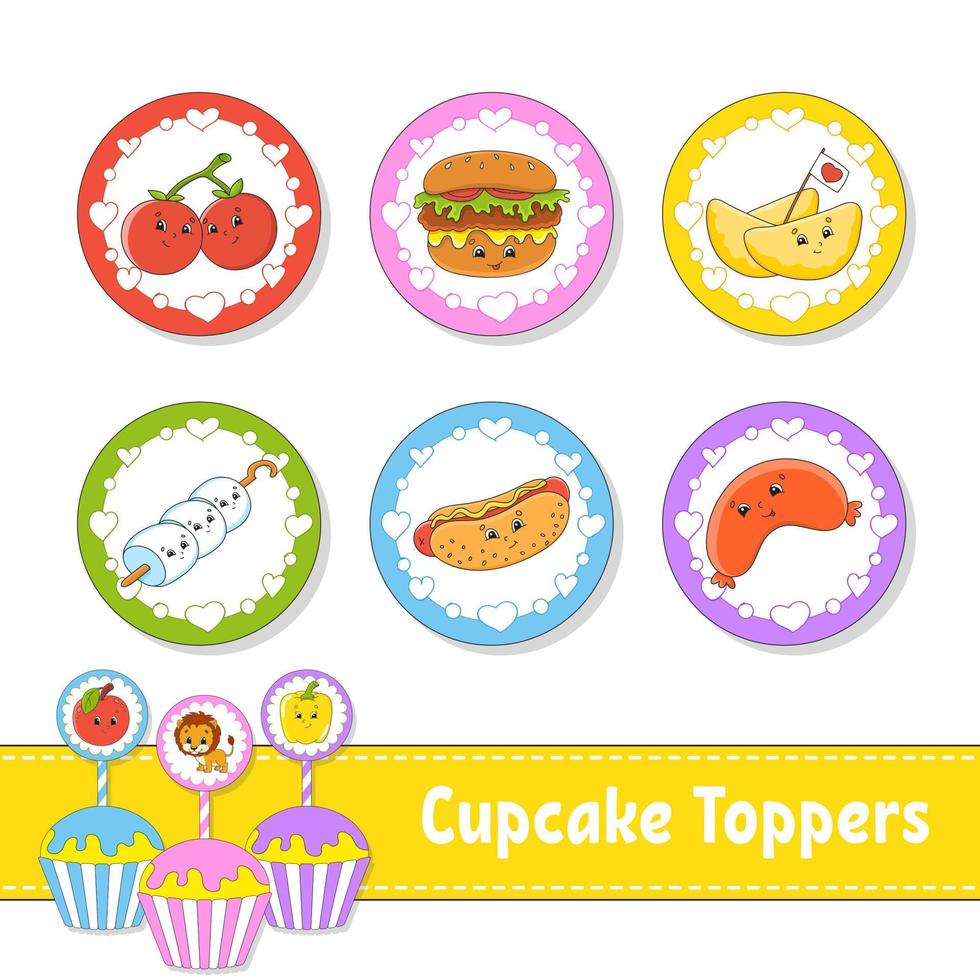 toppers per cupcake. set di sei immagini rotonde. tema barbecue. personaggi dei cartoni animati. immagine carina. per il compleanno, baby shower. vettore