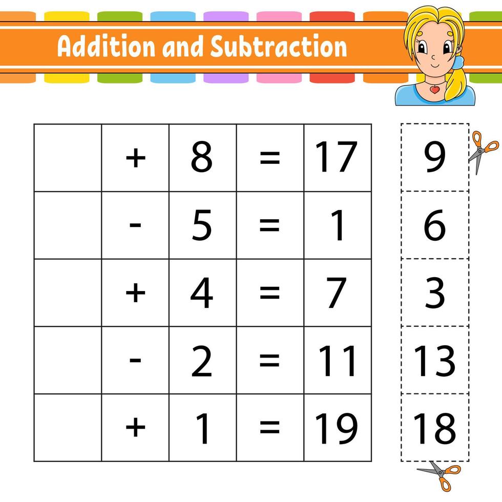 addizione e sottrazione. compito per i bambini. taglia e incolla. foglio di lavoro per lo sviluppo dell'istruzione. pagina delle attività. gioco per bambini. personaggio divertente. illustrazione vettoriale isolato. stile cartone animato.