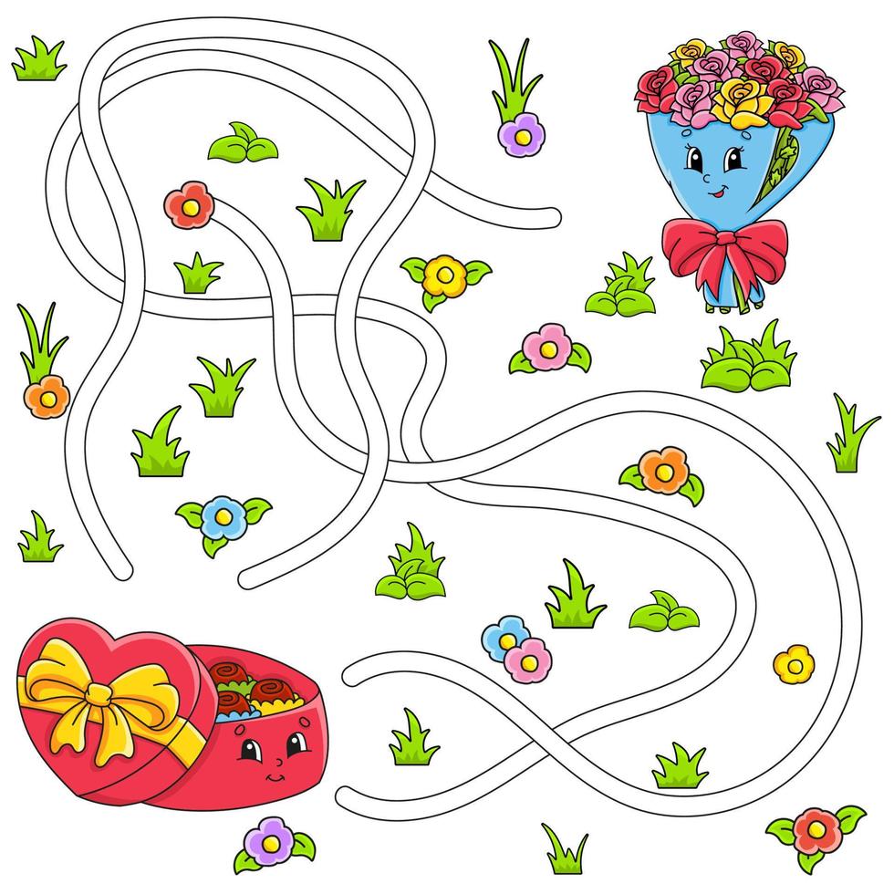 labirinto divertente per i bambini. puzzle per bambini. personaggio dei cartoni animati. enigma del labirinto. illustrazione vettoriale a colori. trova la strada giusta. San Valentino