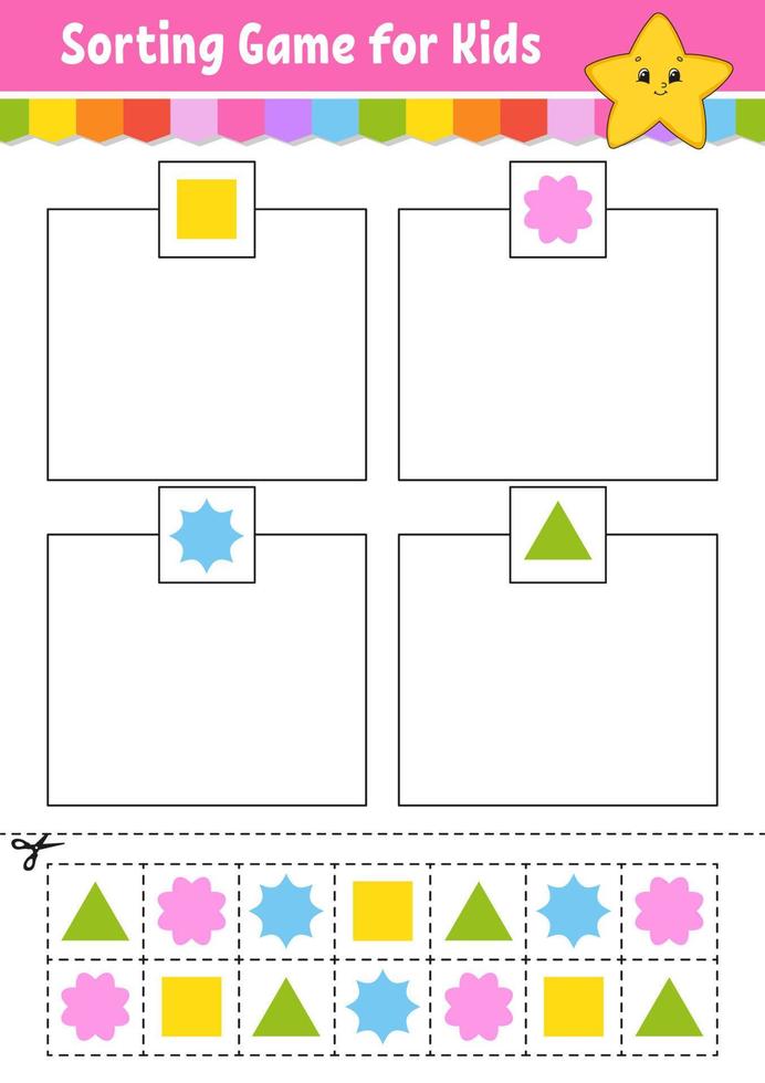 gioco di smistamento. forme e colori. taglia e incolla. foglio di lavoro per lo sviluppo dell'istruzione. gioco per bambini. pagina attività a colori. puzzle per bambini. personaggio carino. illustrazione vettoriale. stile cartone animato. vettore