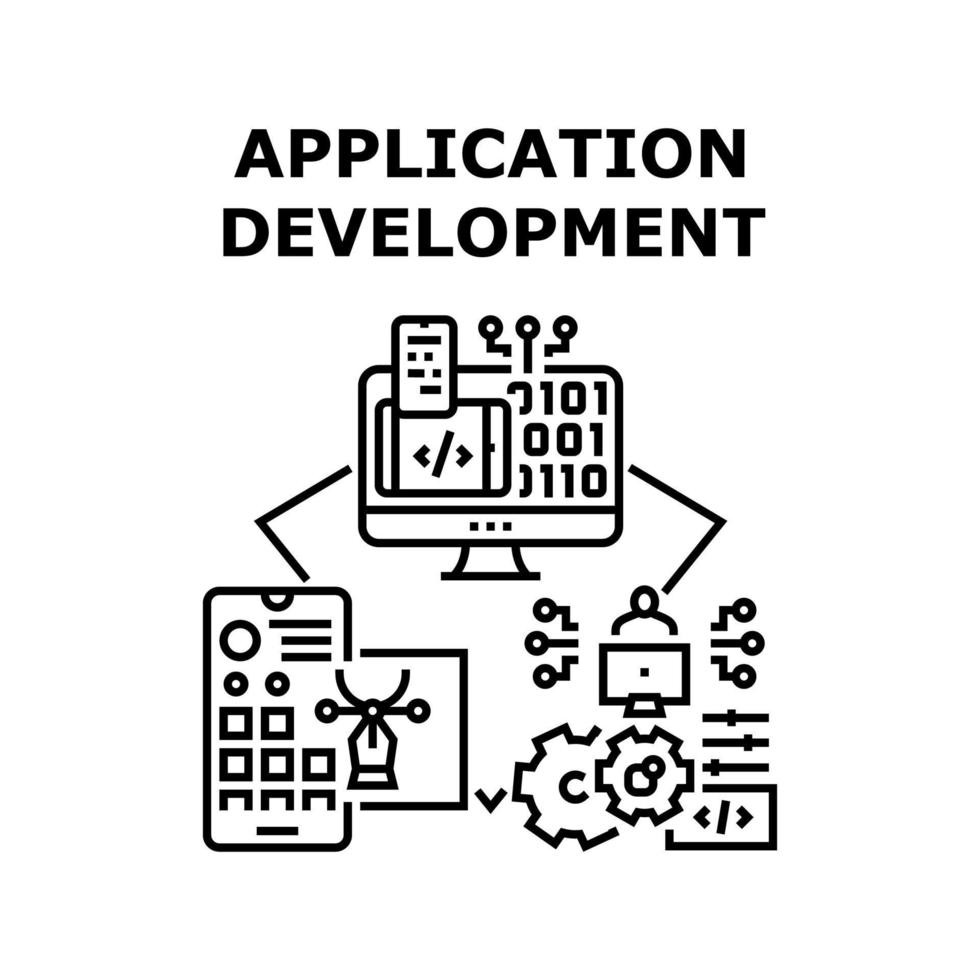 illustrazione nera del vettore di sviluppo dell'applicazione