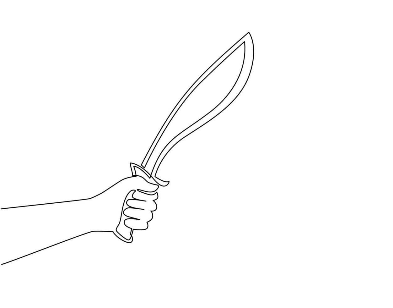 coltello da machete a mano dell'uomo con disegno a linea continua singola con lama curva. strumento agricolo machete o icona dello stile di incisione dell'arma. illustrazione vettoriale di disegno grafico dinamico di una linea