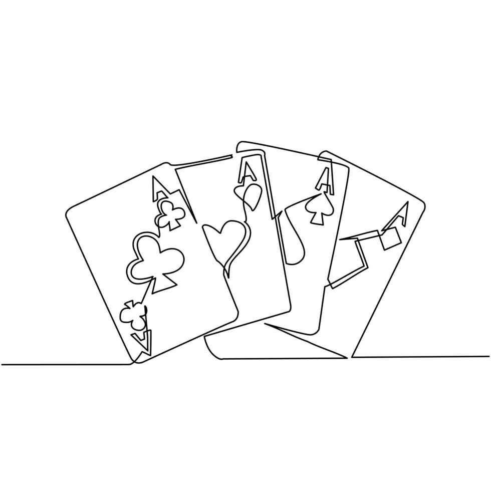 un disegno a linea singola set di quattro semi di carte da gioco assi. mano di poker vincente. set di cuori, picche, fiori, asso quadri. giochi di carte. illustrazione vettoriale grafica moderna con disegno a linea continua