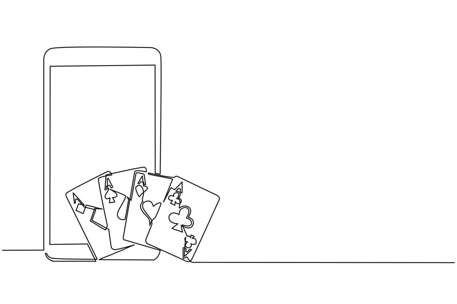 smartphone con disegno a linea continua e set di quattro semi di carte da gioco assi. mano di poker vincente. set di cuori, picche, fiori e asso quadri. illustrazione grafica vettoriale di disegno a linea singola