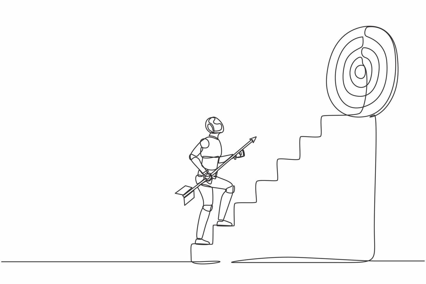 robot di disegno a linea continua singola che tiene la freccia che corre su per le scale verso l'obiettivo alto. intelligenza artificiale robotica. industria della tecnologia elettronica. illustrazione vettoriale di un disegno grafico a una linea