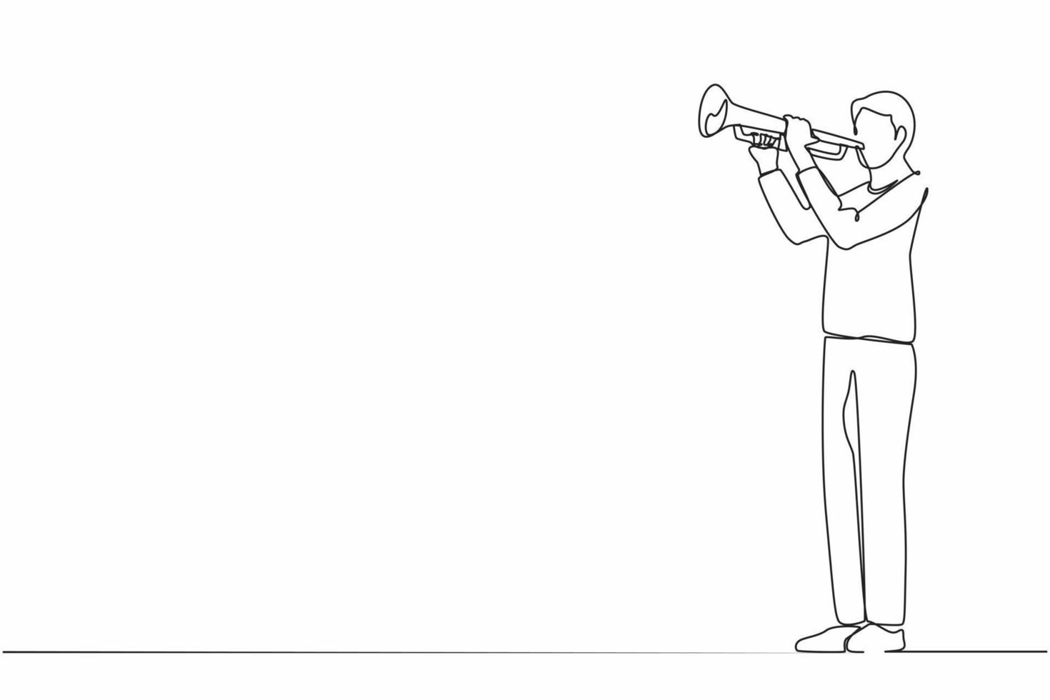 uomo di disegno a linea continua singola che suona la tromba. musica strumentale. musicista jazz che suona lo strumento della tromba. trombettista. esecutore d'orchestra. esibizione musicale. vettore di progettazione grafica a una linea