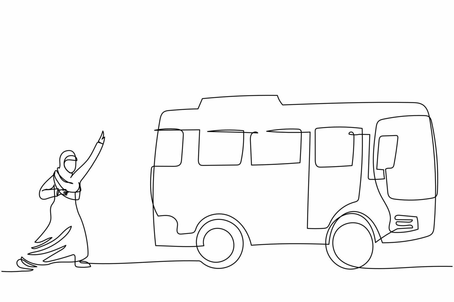 singolo disegno a tratteggio donna d'affari araba che corre a caccia di autobus. la lavoratrice ritardataria corre in autobus per andare in ufficio. persone della vita urbana nelle grandi città. illustrazione grafica vettoriale di progettazione di linea continua