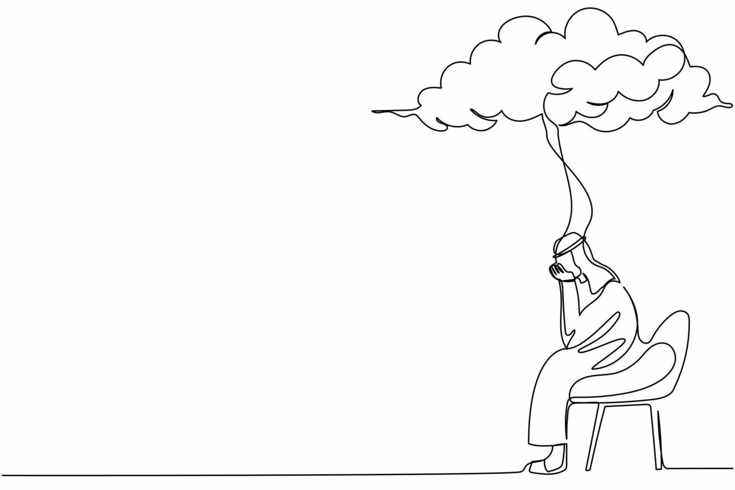 unico disegno a linea continua tristezza uomo d'affari arabo seduto su una sedia sotto la nuvola di pioggia. preoccupato per il fallimento degli affari, il collasso dell'economia, la crisi economica. illustrazione vettoriale di un disegno di linea