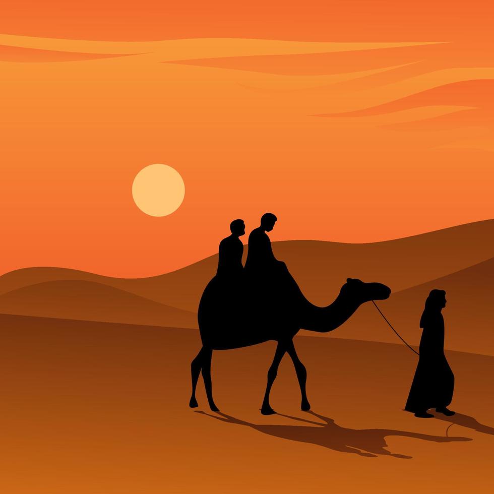 la gente che guida il cammello durante il tramonto sull'illustrazione di vettore del deserto