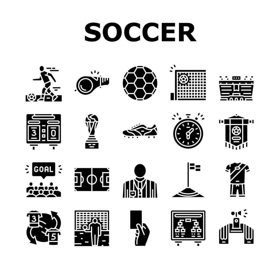 gioco di sport di squadra di calcio sulle icone dello stadio set vettoriale