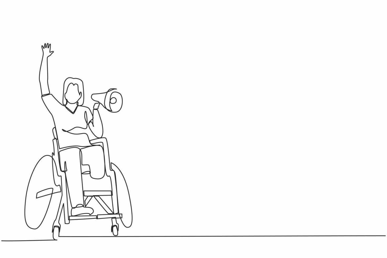 disegno continuo di una linea felice disabilità giovane donna in sedia a rotelle che celebra la vittoria della squadra di calcio con il megafono. utente di sedia a rotelle tifoso di calcio. grafica vettoriale di disegno a linea singola