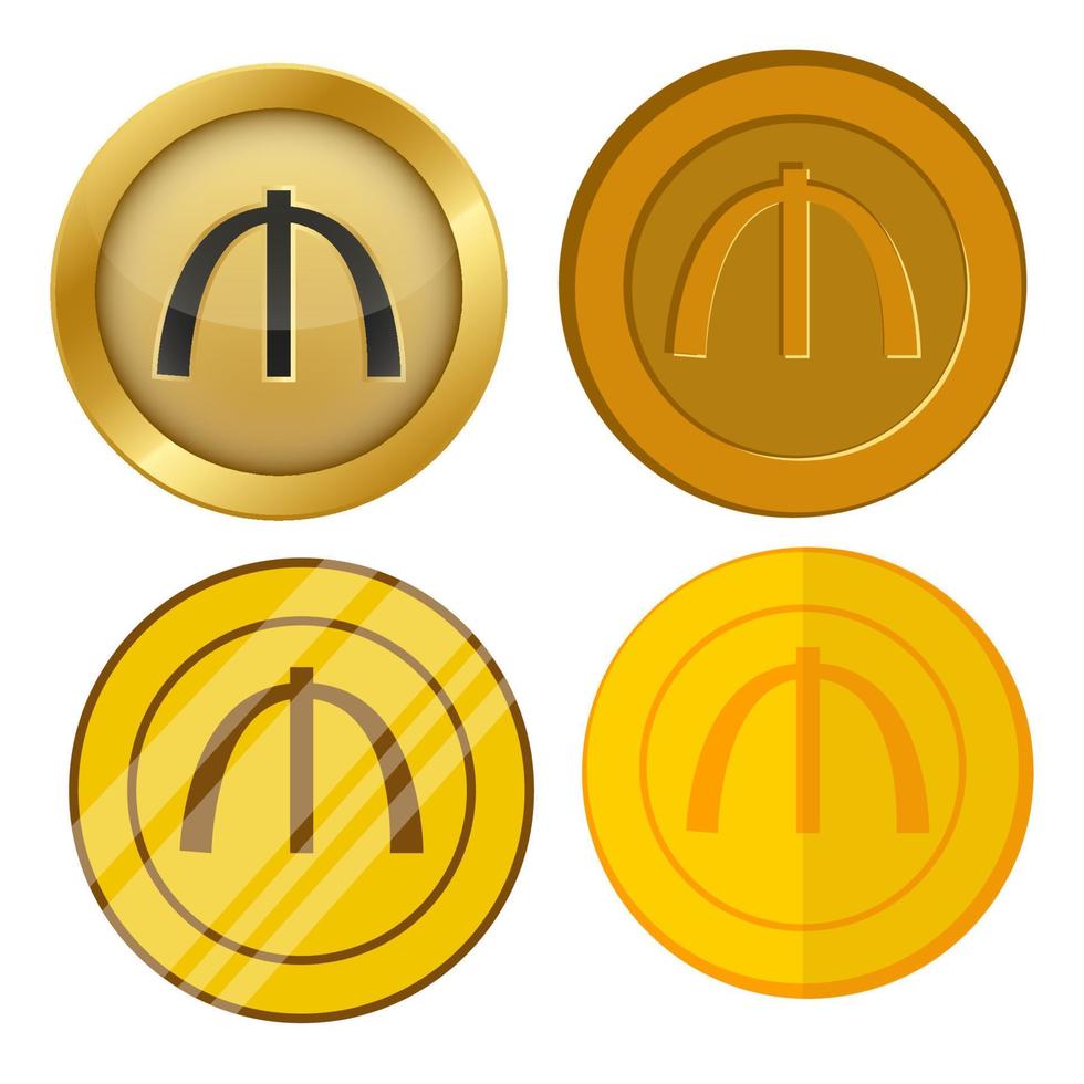quattro monete d'oro in stile diverso con set vettoriale di simboli di valuta manat