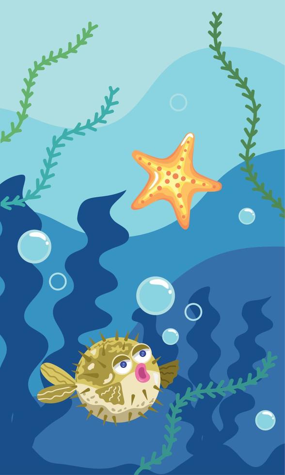 pesce palla con vita marina di stelle marine vettore
