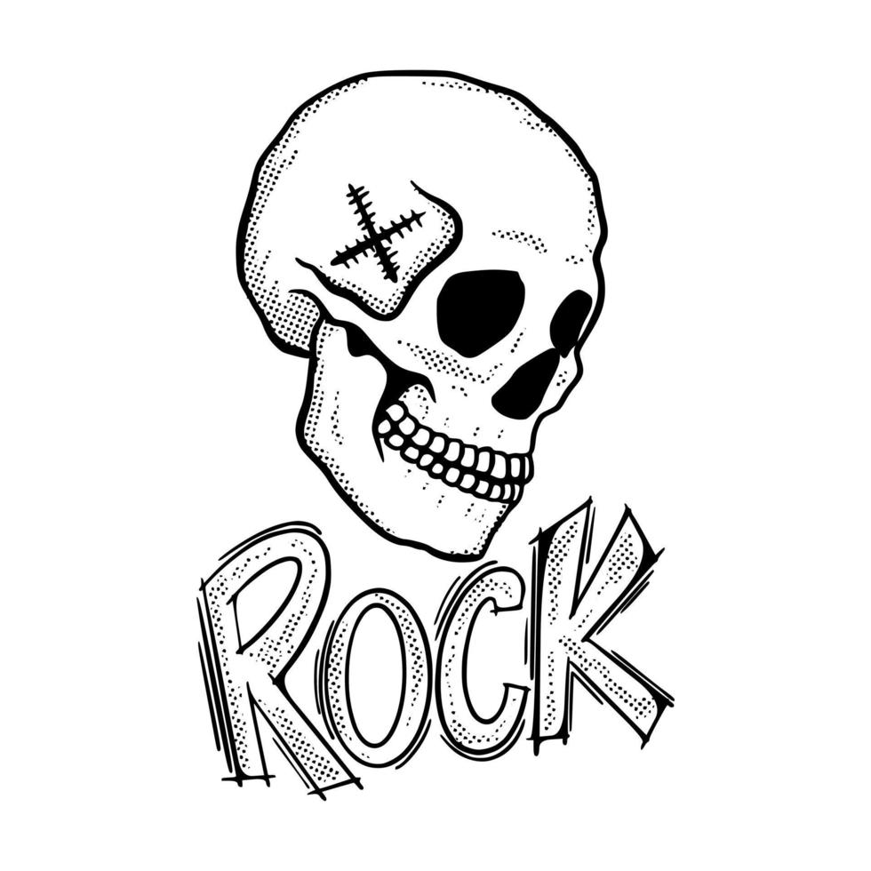 cranio rock doodle illustrazione in bianco e nero vettore disegnato a mano