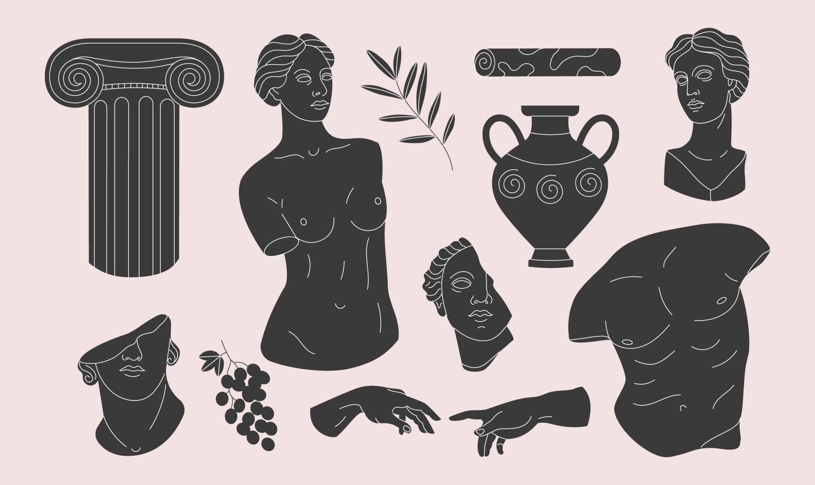 set di sculture greche antiche in stile disegnato a mano. illustrazione vettoriale. vettore