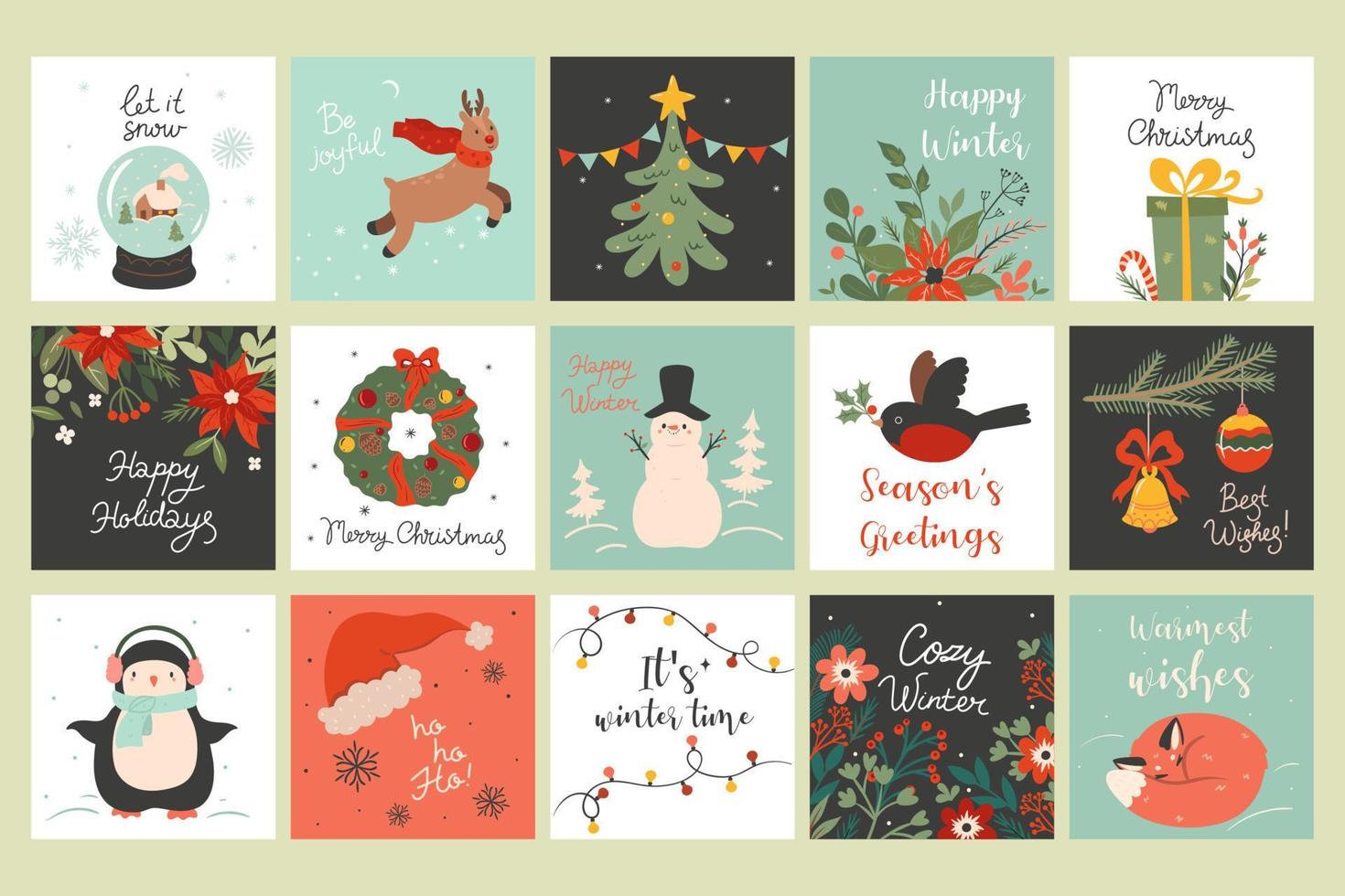 un set di cartoline di Natale con attributi di vacanza. grafica vettoriale. vettore