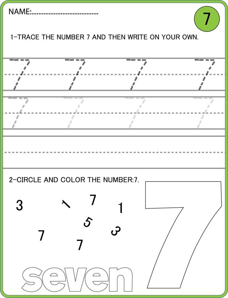 attività dei numeri di tracciamento. traccia il gioco educativo per bambini numero 7, foglio di lavoro stampabile vettore