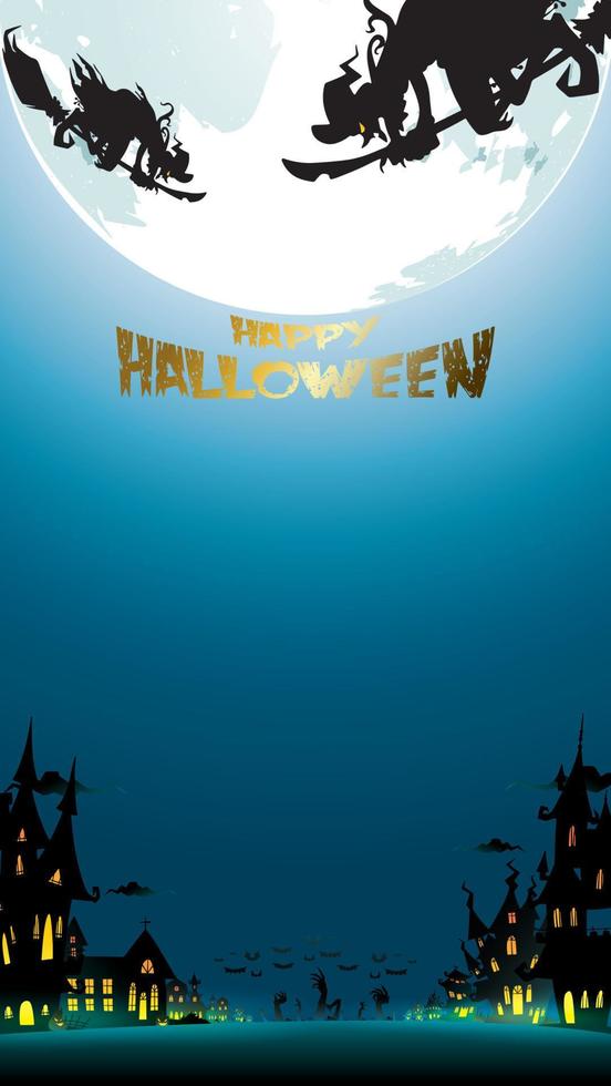 sfondo scuro di halloween con la luna su cielo blu, ragni e pipistrelli, illustrazione. modello di volantino o invito per banner, festa, invito. illustrazione vettoriale con posto per il testo