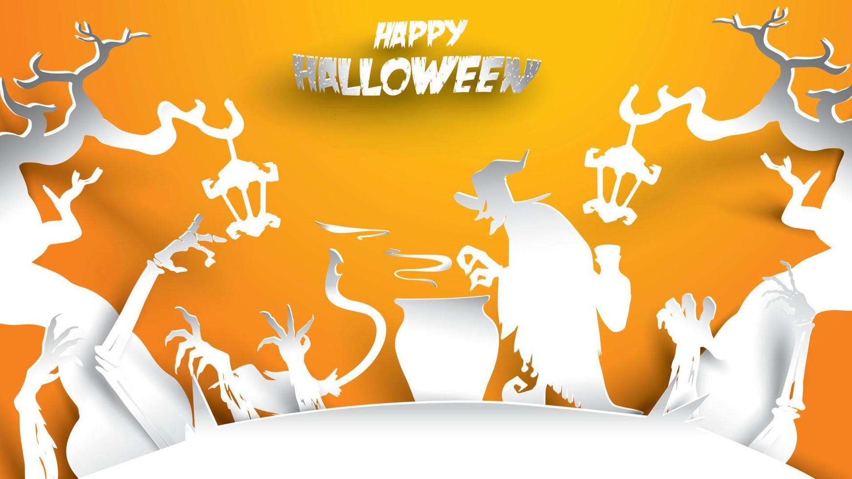 sfondo di halloween con strega, albero infestato e mano di zombi in stile di intaglio di arte della carta. banner, poster, volantino o modello di invito per feste. illustrazione vettoriale. vettore
