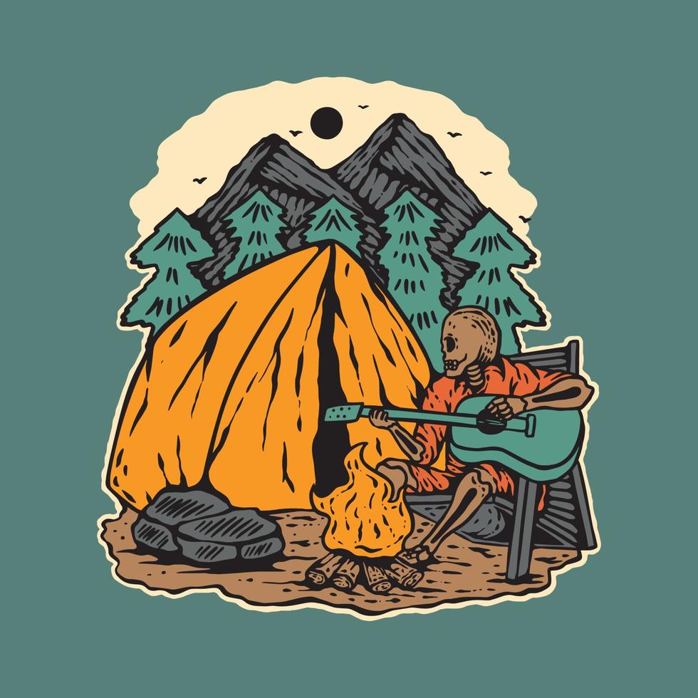 illustrazione vettoriale originale in stile vintage. campeggio d'epoca sullo sfondo della montagna. l'uomo suona il concetto di chitarra. disegno di stampa della maglietta dell'illustrazione