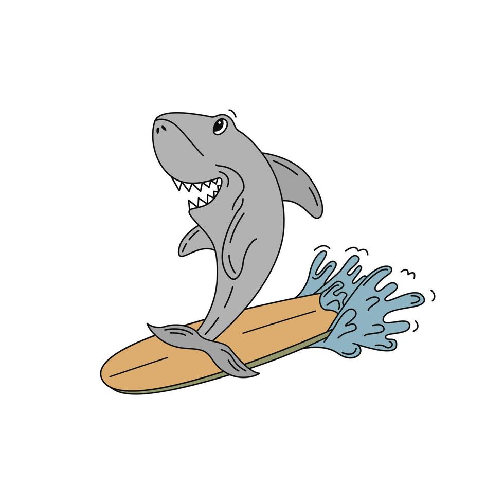 squalo cavalca una tavola da surf. illustrazione vettoriale piatta.