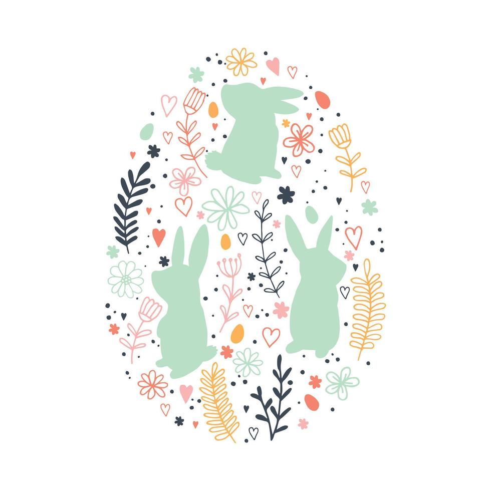 illustrazione vettoriale in stile moderno di astrazione. composizione dell'uovo di Pasqua insieme di elementi sul tema della pasqua, coniglietto pasquale, foglie astratte e rami di colori pastello.