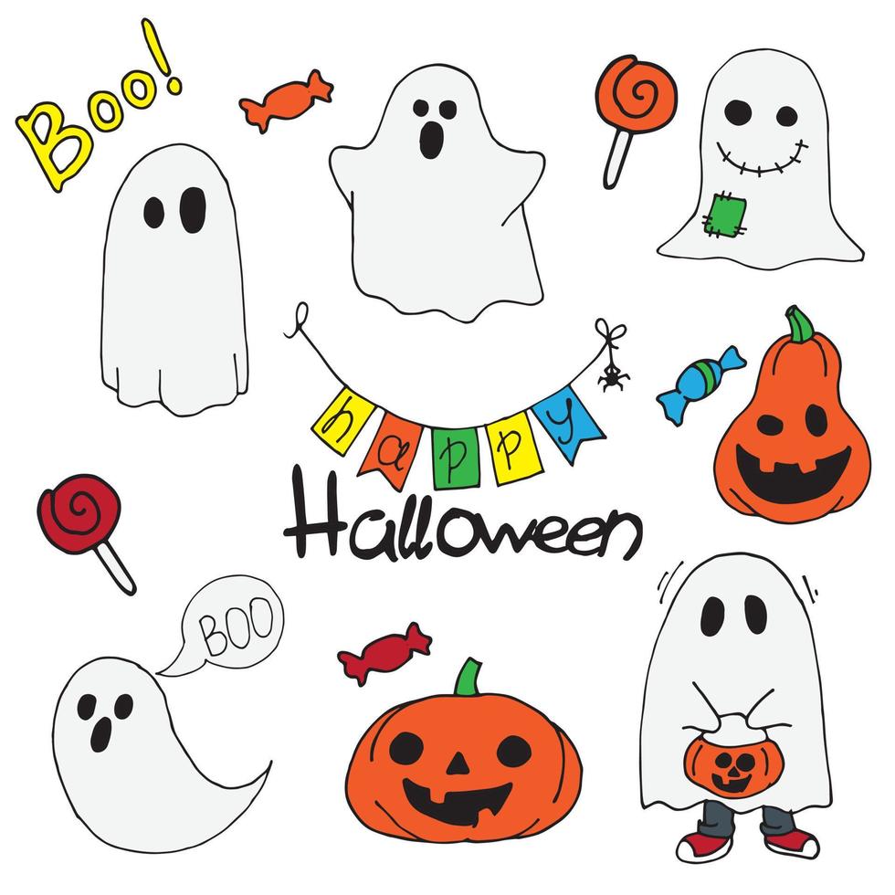 set colorato di immagini carine per halloween. disegni nello stile di doodle, fantasmi, zucche, scritte. fantasmi divertenti, personaggi sorridenti. per bambini vettore