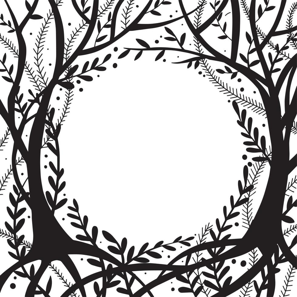 illustrazione vettoriale. cornice di schizzo in bianco e nero foresta delle fate. paesaggio con alberi ed erbe aromatiche. sfondo mistico e magico per cartoline, libri. vettore