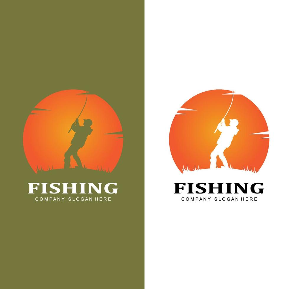 vettore icona logo pesca, pescare pesce sulla barca, design silhouette tramonto all'aperto