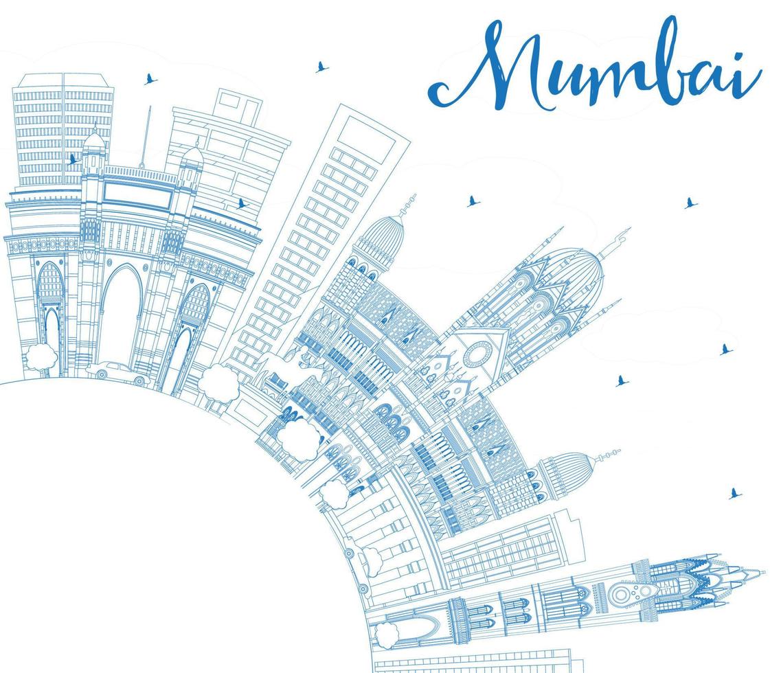 delineare lo skyline di mumbai con punti di riferimento blu. vettore