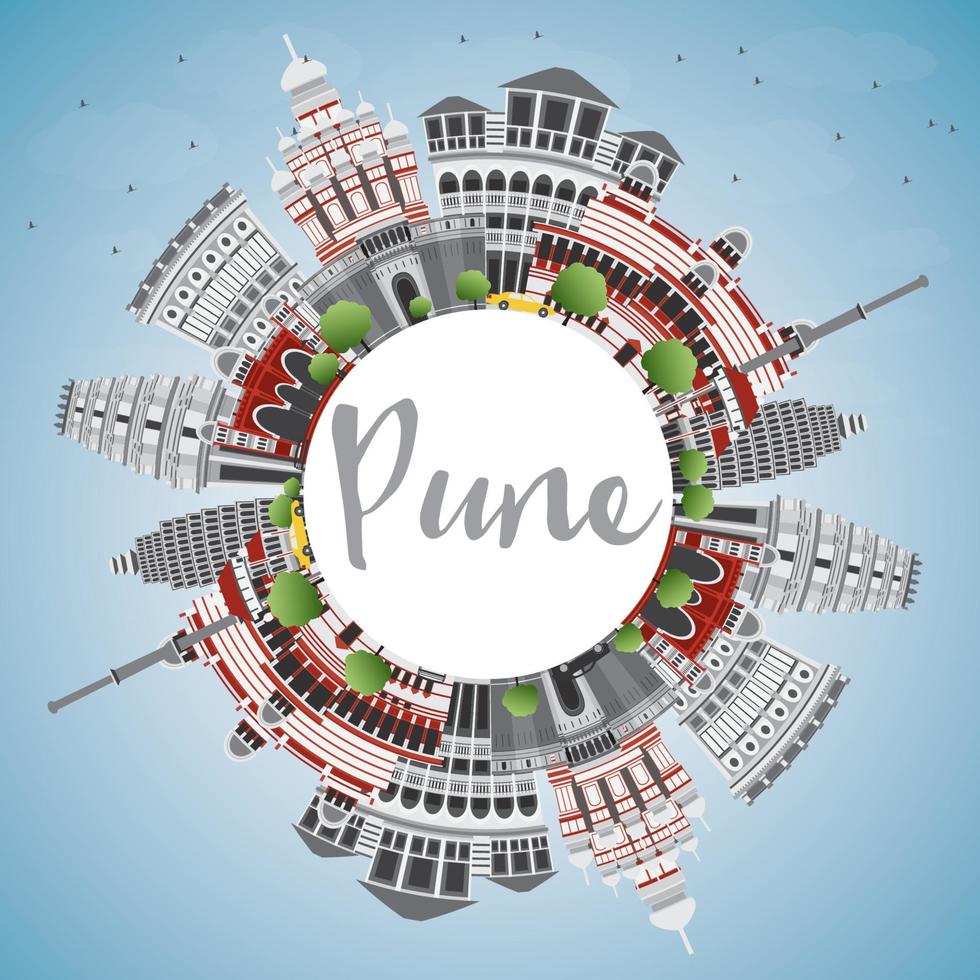 skyline di Pune con edifici a colori, cielo blu e spazio per la copia. vettore