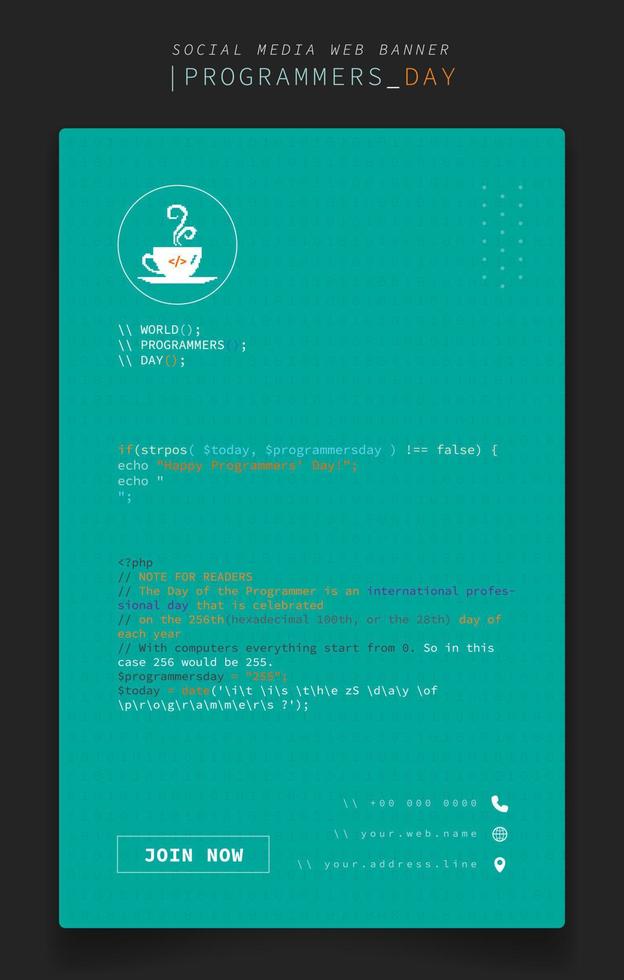 modello di banner in design verticale con testo di codifica su sfondo verde per il design del giorno dei programmatori vettore