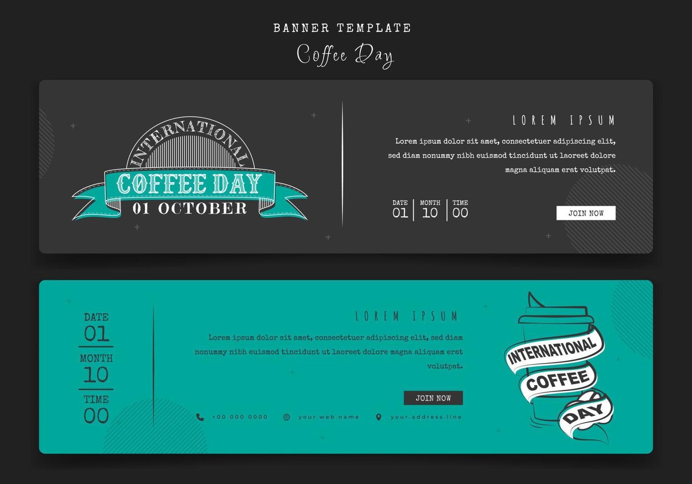 modello di banner su sfondo verde e grigio orizzontale per la campagna della giornata internazionale del caffè vettore