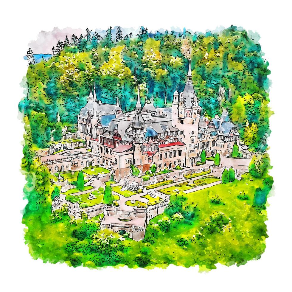 illustrazione disegnata a mano di schizzo dell'acquerello del castello di peles romania vettore