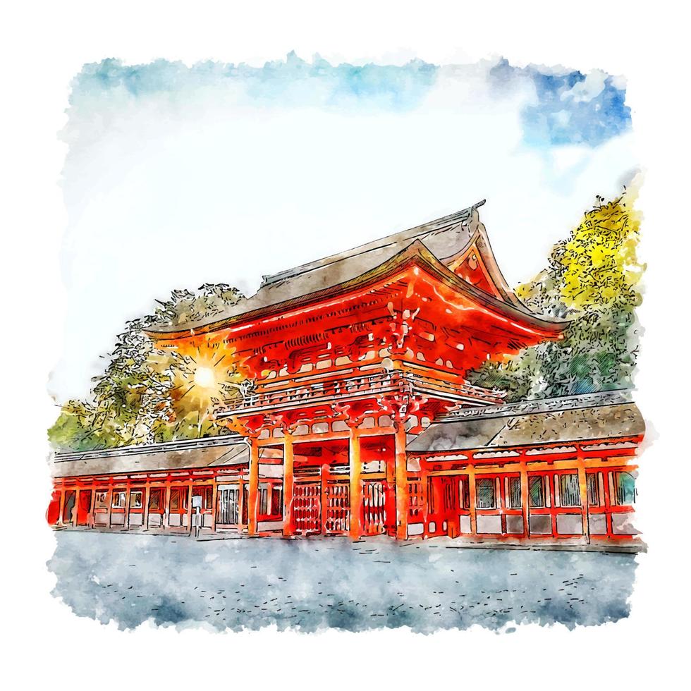 shimogamo jinja santuario kyoto giappone schizzo ad acquerello illustrazione disegnata a mano vettore